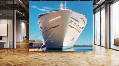 A white ship docks under clear skies on a sunny day, dominating the scene with calm waters, a ladder feature, and a tied rope for secure mooring. Wall mural