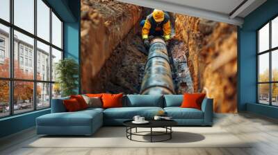 A worker in high visibility gear repairs a large pipeline in an excavated trench under a gray sky. Infrastructure project related to water or gas supply is implied. Wall mural