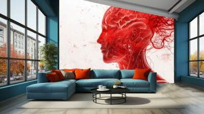 An abstract red image of a human head and neck with brain and vascular details against a white backdrop, suggesting movement and energy. Wall mural