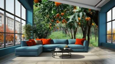 An aesthetic orange garden with ripe fruits, stone pathway, and green grass under a sunset glow, evokes a sense of freshness and beauty. Wall mural