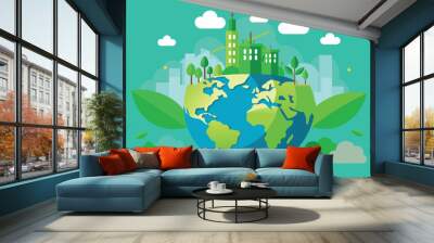 an illustration of the Earth with different environmental and urban elements. It is depicted as a globe with yellow continents and blue oceans. Wall mural