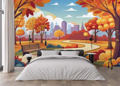 Autumn park with metropolis or city in the background. Vector image.
 Wall mural