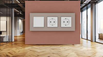 Dark plastic switched double socket. Light switch and power socket control panel on wall with wallpaper, close-up. Electrical european equipment. 3D rendering Wall mural