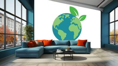 depicts a stylized representation of the Earth with two green leaves. They symbolize ecology and the environment. The Earth is in the center of the image, Wall mural