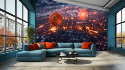 Digital Earth at night with city lights portrayed in orange and red across Europe and Asia. A golden Bitcoin symbol hovers above the Southern Hemisphere. Wall mural