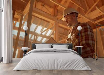 Man in hard hat and plaid shirt inspects digital tablet inside partially constructed house. Wooden frames and sunlight filtering through, indicating ongoing construction. Wall mural