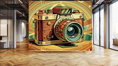 Retro style illustration of a vintage camera, done in bright colors with flat and three-dimensional design elements. Wall mural