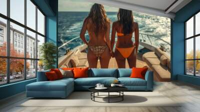 Two women on a white boat at sea, backs turned, hands linked. Blonde and dark hair, orange bikini bottoms, gazing at the ocean, exuding luxury and joy. Wall mural