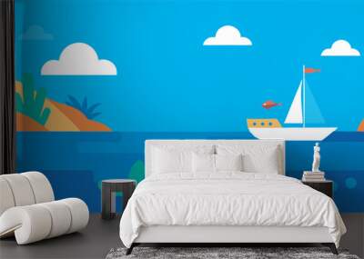 White sailboat with red flag on blue sea, under a blue sky with white clouds. Island with greenery visible. Tranquil, serene seascape scene. Wall mural