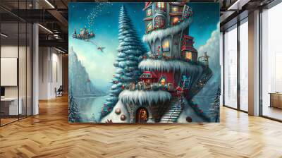  Christmas , winter whimsical surreal fantasy art, cute house, background, digital art, illustration Wall mural