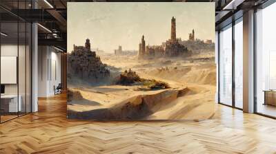 Ancient lost city ruins in  desert, digital landscape  background Wall mural