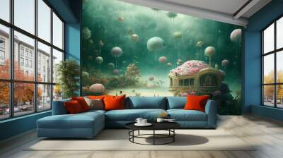 fantasy surreal underwater beautiful house, pastel colours, digital painting Wall mural