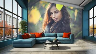 young beautiful woman autumn portrait in forest Wall mural