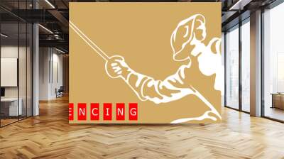 Silhouette of a swordsman in action. Golden stencil emblem. Vector image Wall mural