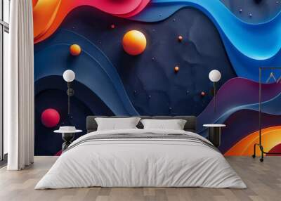 A colorful abstract painting of a space scene with a blue wave and orange Wall mural