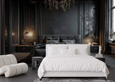 A spacious and luxurious bedroom in dark black tones Wall mural