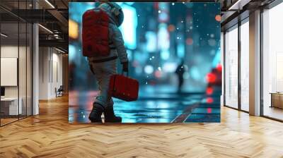 An astronaut walks through the illuminated night streets of the city holding a suitcase in his hands Wall mural