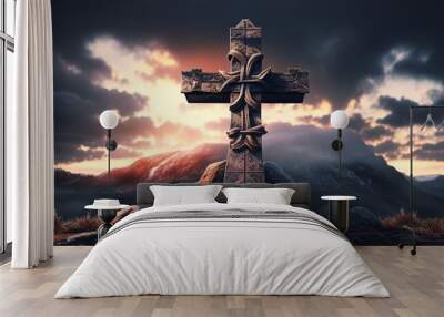 Christian cross on the mountain with sunset and beautiful sky. Mountain summit cross. Generative AI Wall mural