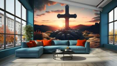 Christian cross on the mountain with sunset and beautiful sky. Mountain summit cross. Generative AI Wall mural