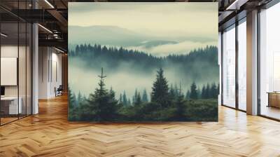 Foggy landscape with a dense spruce forest. Nostalgic and atmospheric scene Wall mural