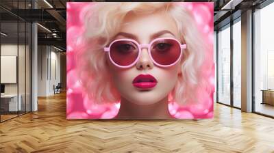 Girl wearing pink glasses. Generative AI Wall mural