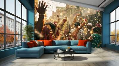 Indian wedding ceremony celebration with confetti and flowers Wall mural