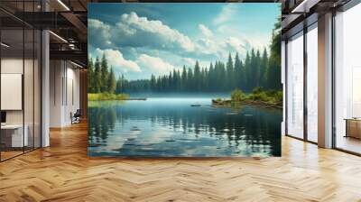 Panoramic quiet forest lake with reflection of trees on quiet water Wall mural