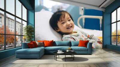 Smiling sick child in hospital. Generative AI Wall mural