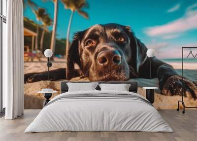 The dog enjoys a summer vacation at a seaside resort, resting on a sunny beach. Generative AI Wall mural