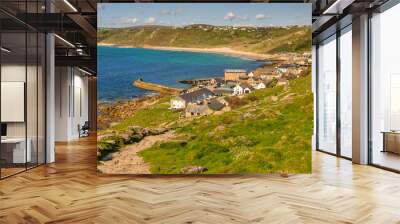 Sennen Cove, near Land's End, Cornwall, on a sunny spring evening, with sea thrift in bloom on the hillside. The path is the start of the walk to Land's End. Wall mural