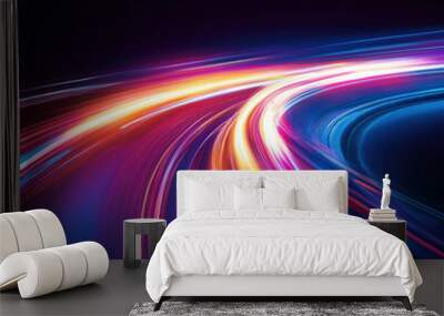 A dynamic, vibrant background of colorful light trails on a highway, symbolizing speed and futuristic technology against a dark backdrop. Wall mural