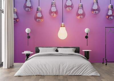 Hanging light bulbs on purple background with one illuminated and space for text	
 Wall mural