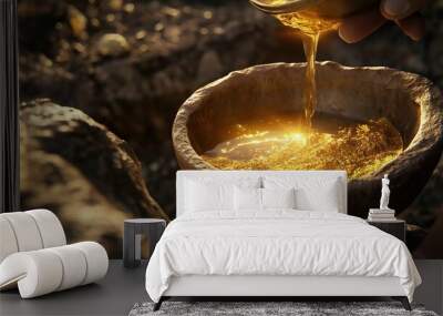 Golden oil being poured into an ancient stone bowl, radiating golden light, hyper realistic with octane render. Wall mural