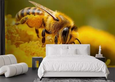 The image features a honey bee completely covered in vibrant yellow pollen on a yellow flower. Wall mural