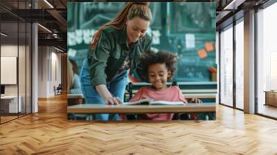 An african american teacher assists a girl in wheelchair in the classroom Wall mural