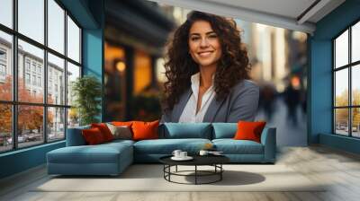 Young smiling professional business caucasian woman standing outdoor on street arms crossed and looking at camera Wall mural