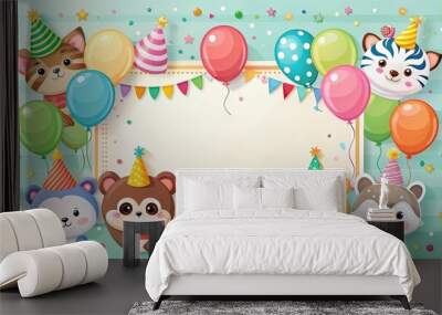 A birthday party invitation card template featuring cute animals in party hats surrounded by balloons and confetti Wall mural