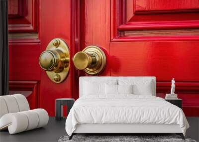 A close-up of a red front door with a shiny brass doorknob , entrance, doorway, home, welcome, house, exterior Wall mural