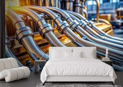 A close-up view of shiny metal pipes, reflecting light and highlighting the industrial aesthetic of a machine Wall mural