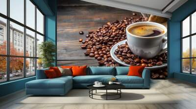 A cup of freshly brewed coffee with coffee beans , coffee, cup, beverage, drink, morning, refreshment, aromatic, caffeine Wall mural