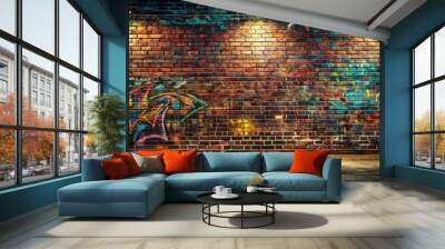 A gritty urban background featuring a dark brick wall covered in graffiti Wall mural