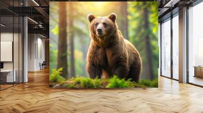 A large brown bear stands on a moss-covered bank, its fur shimmering in the dappled sunlight of the dense forest Wall mural