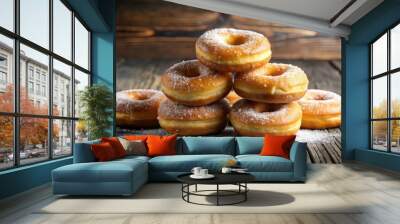 A scrumptious pile of sugary glazed doughnuts sprinkled with sugar crystals on a rustic wooden surface Wall mural