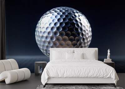 A single metallic golf ball sits on a dark reflective surface, its dimples catching the light in a captivating display of depth and texture. Wall mural