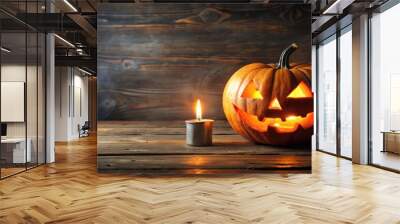 A spooky Halloween jack o lantern with a glowing candle inside , pumpkin, orange, fall, decoration, carved, holiday Wall mural