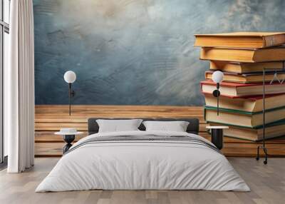 A stack of books on a wooden table , reading, education, literature, knowledge, study, library, bookshelf, learning, school Wall mural