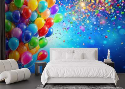 A vibrant celebration filled with colorful balloons and confetti, exploding with joy and excitement against a bright blue sky. Wall mural