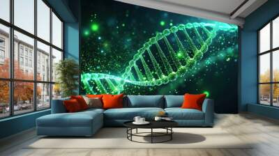 Abstract green DNA strand with glowing particles on a dark background, DNA, abstract, green, genetics Wall mural