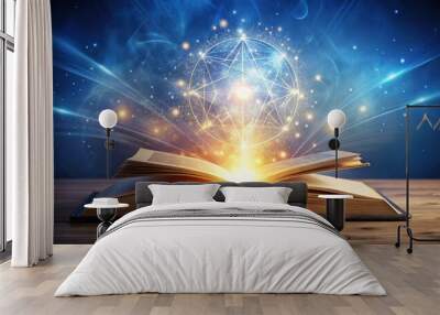 An open magic old book with mystical symbols and glowing pages Wall mural