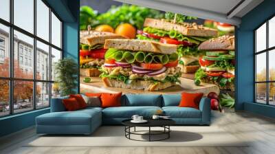 Assortment of delicious and healthy vegetarian sandwiches, featuring fresh ingredients and tasty combinations Wall mural